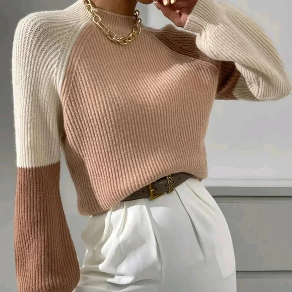 Color Block Mock Neck Raglan Sleeve Sweater - Picture 1 of 6